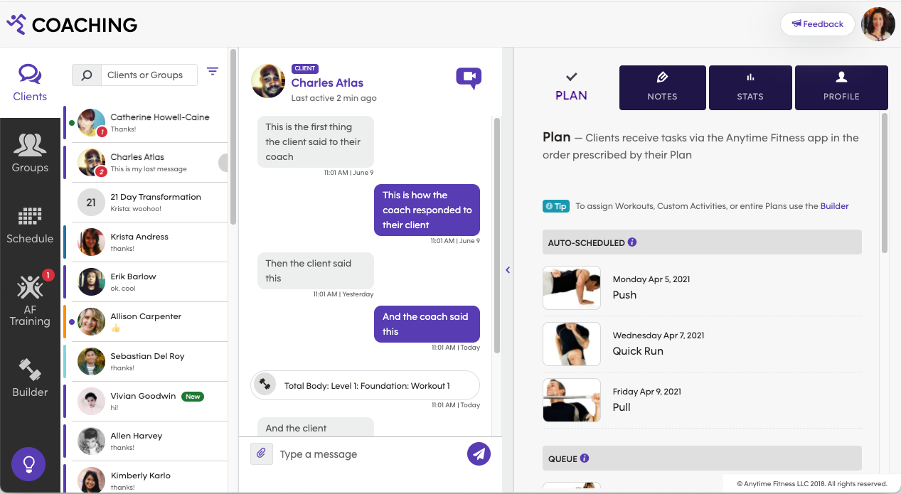 Screenshot including list of clients, chat window, and profile information