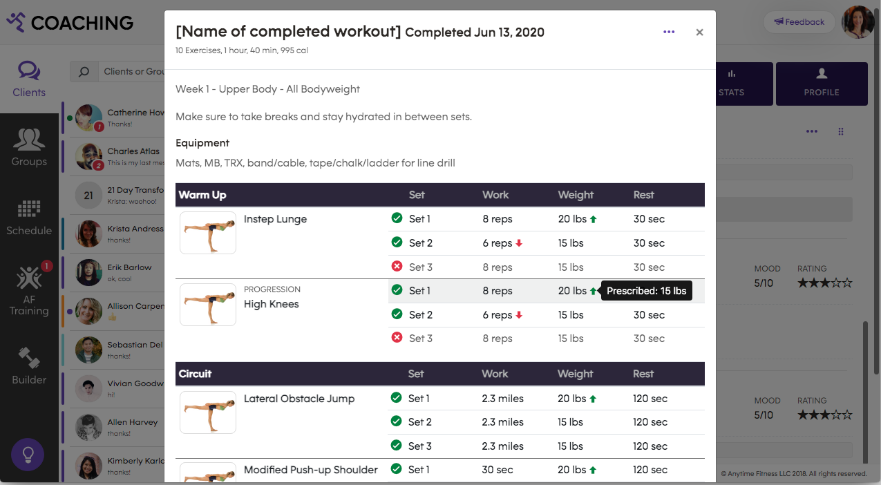 Screenshot of a workout log displaying tabular data of exercises performed, number of sets, weight, reps and rest times.